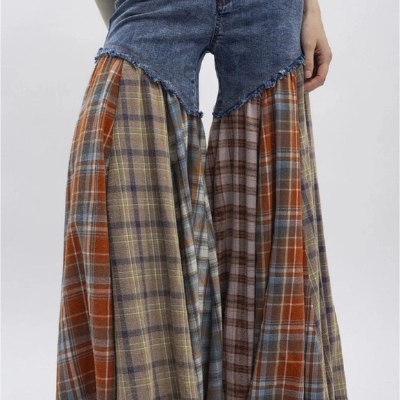 Blue Velvet Small 6/8 Patchwork Plaid Denim Frayed Wide Leg Flowy Boho Jeans - Picture 6 of 12